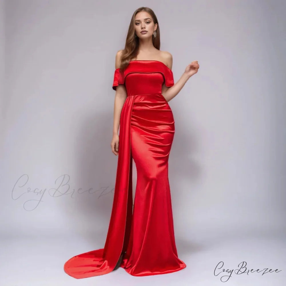 Ruched Long Satin Party Dress Red / XS
