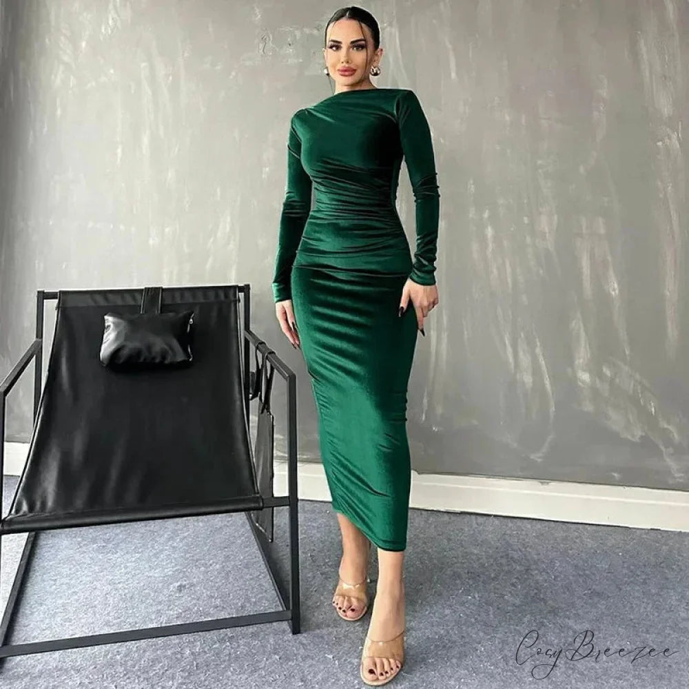 Ruched Long-sleeved Body-hugging Autumnal Elegant Club-ready Skinny Midi Dress Green / S