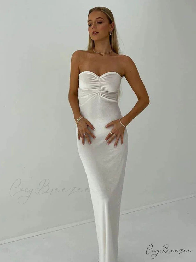Ruched Off Shoulder Maxi Dress WHITE / S