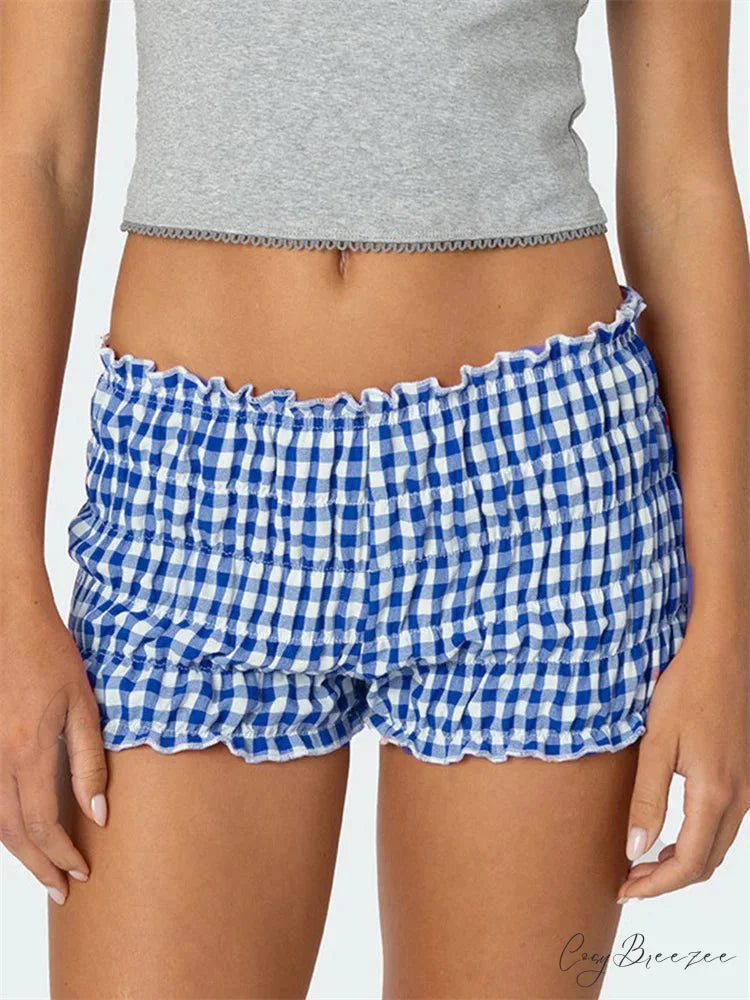 Ruched Plaid Slim Fit Shorts blue / S short-250223