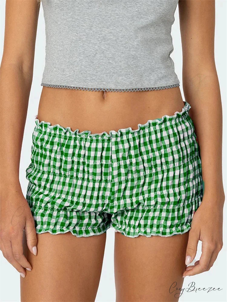 Ruched Plaid Slim Fit Shorts Brown / S short-250223