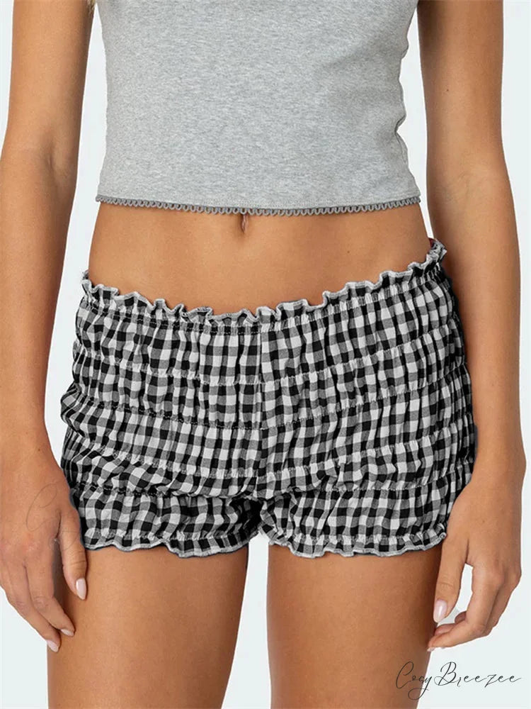 Ruched Plaid Slim Fit Shorts green / S short-250223