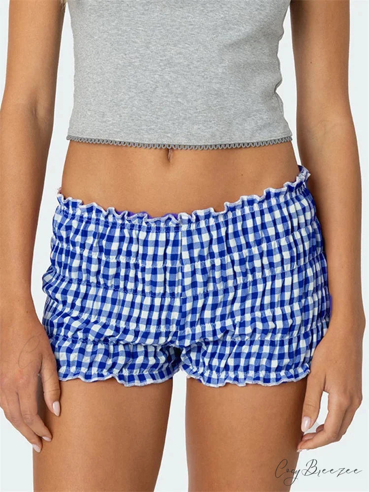 Ruched Plaid Slim Fit Shorts short-250223