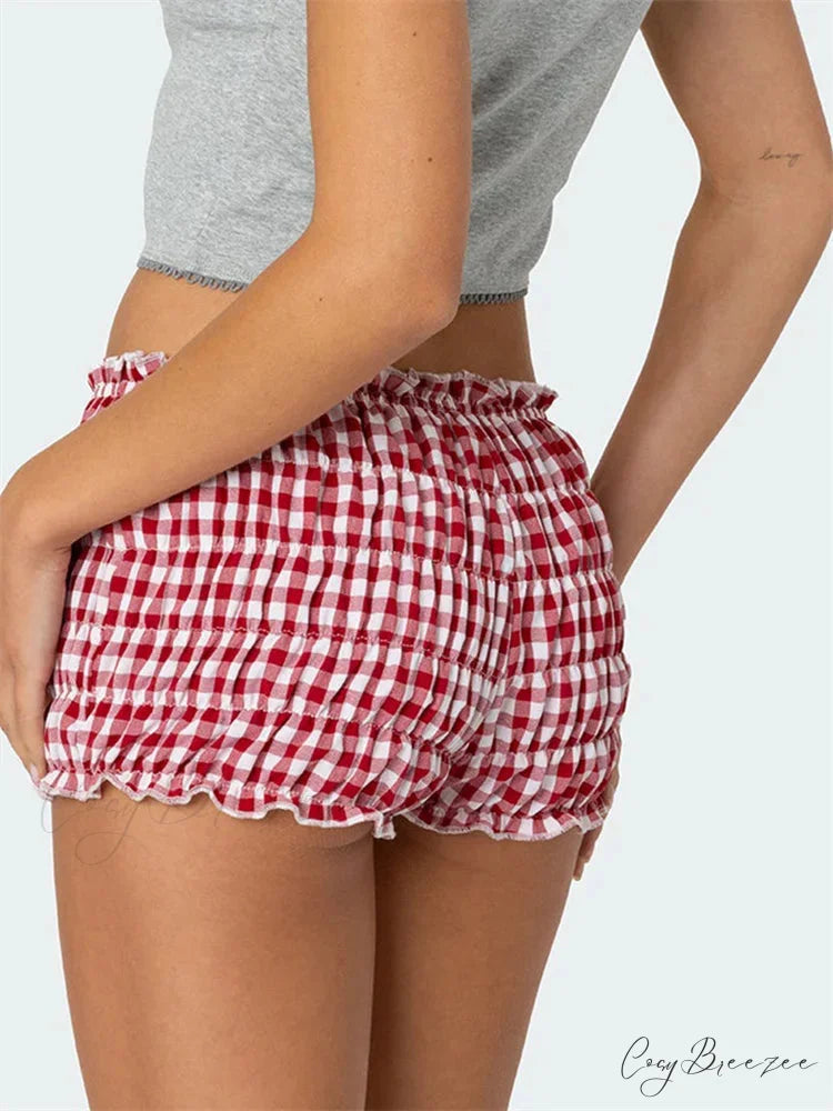 Ruched Plaid Slim Fit Shorts short-250223