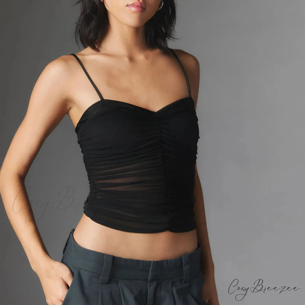 Ruched Spaghetti Strap Crop Top black / S croptop-250223