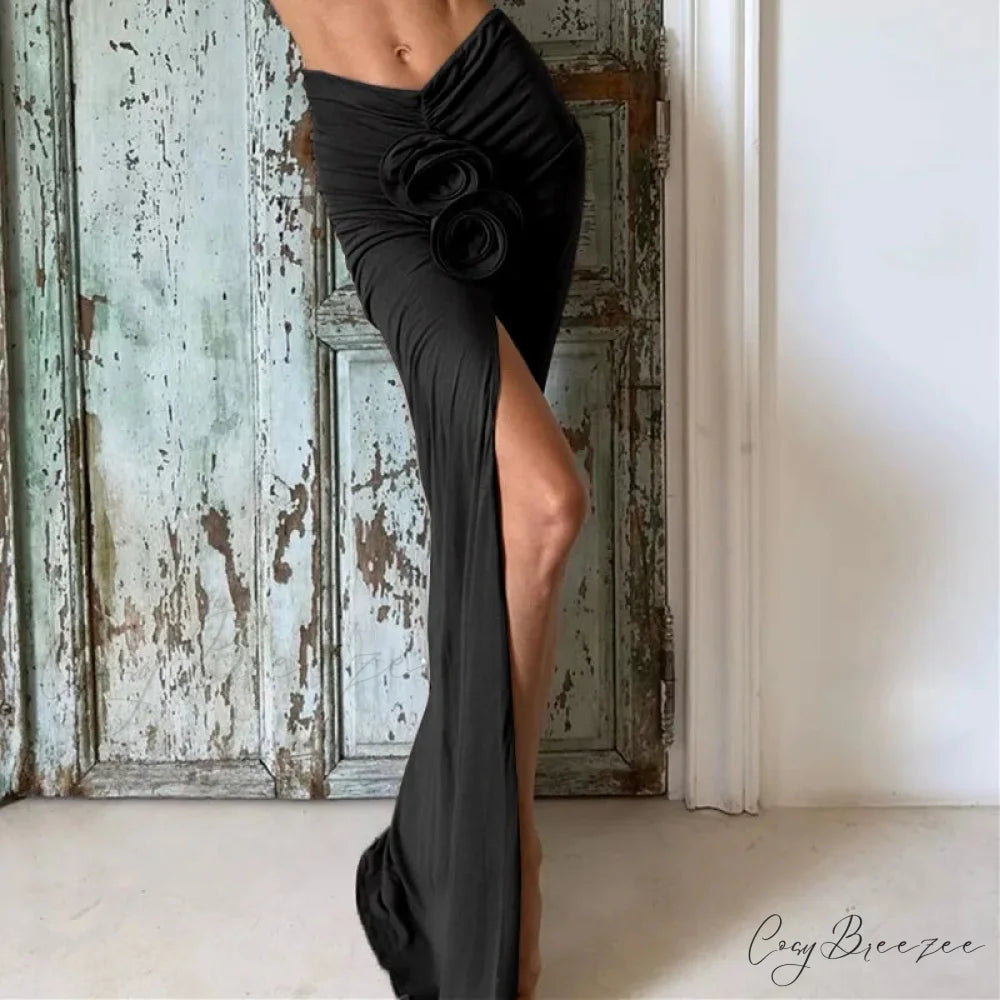 Ruched Split Floral Applique Maxi Skirt Black / S skirt-250126