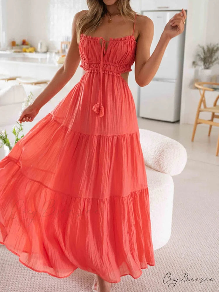 Ruched Tie-Up Stylish Strappy Maxi Dress