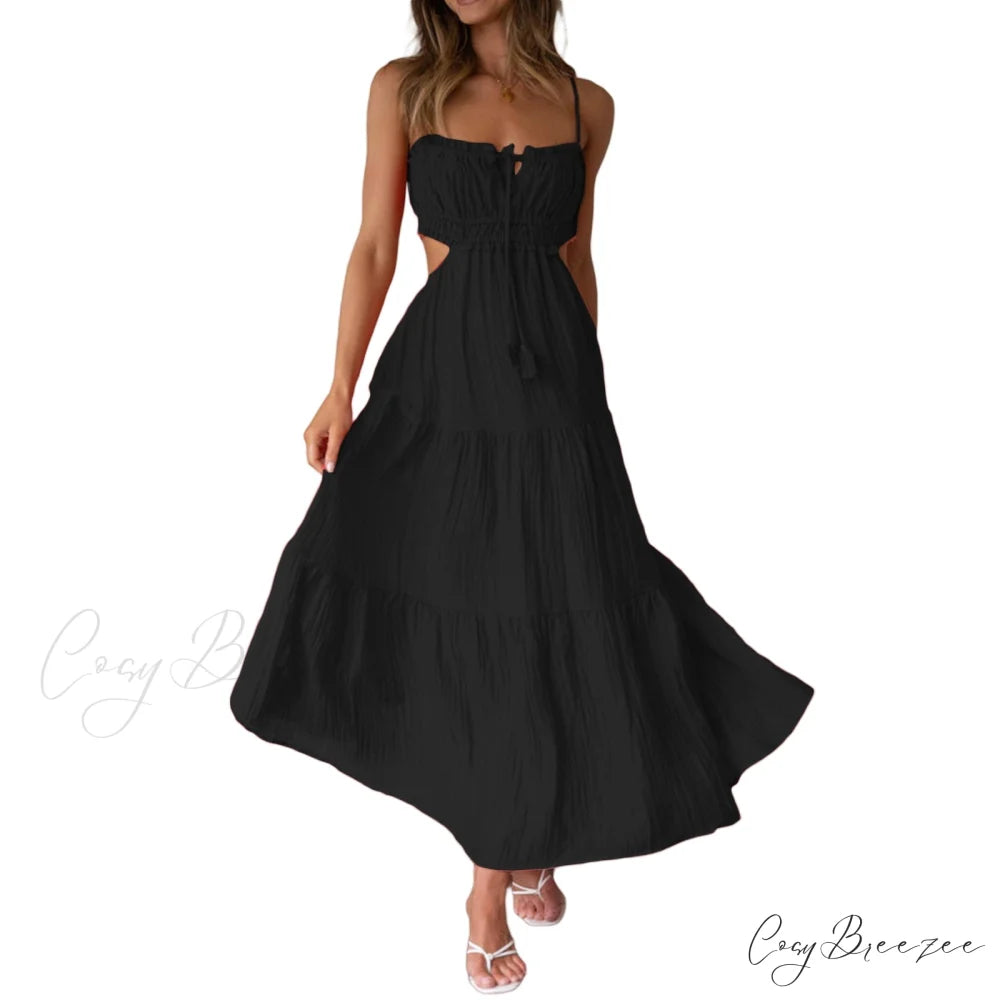 Ruched Tie-Up Stylish Strappy Maxi Dress Black / S