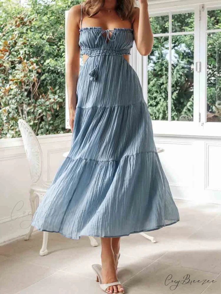 Ruched Tie-Up Stylish Strappy Maxi Dress Blue / S