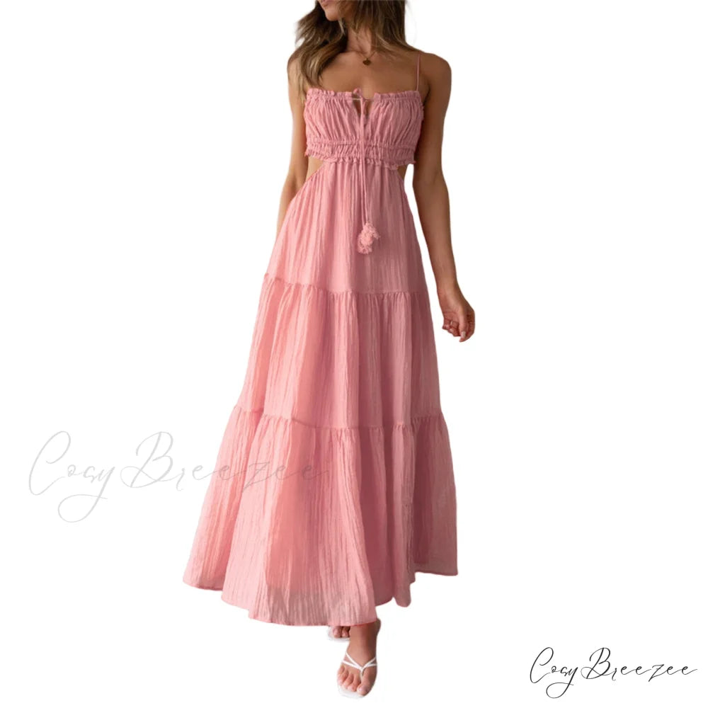 Ruched Tie-Up Stylish Strappy Maxi Dress Pink / S