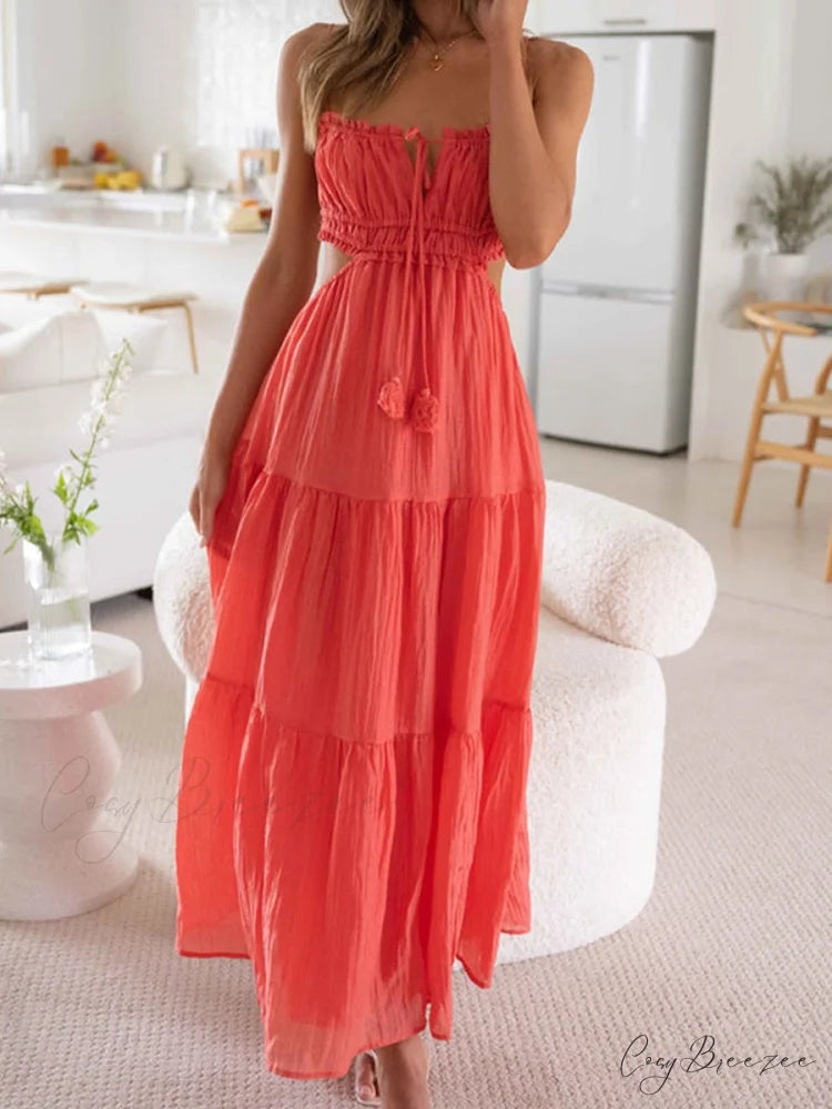 Ruched Tie-Up Stylish Strappy Maxi Dress Watermelon red / S