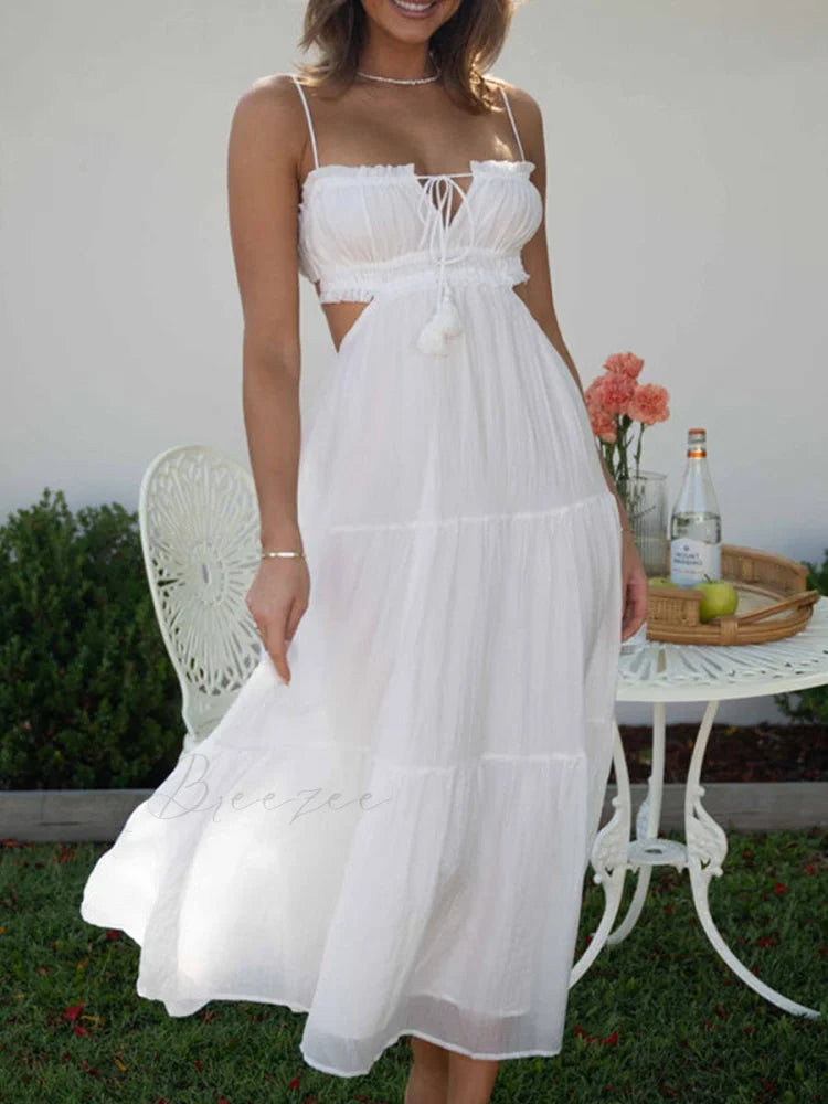 Ruched Tie-Up Stylish Strappy Maxi Dress White / S