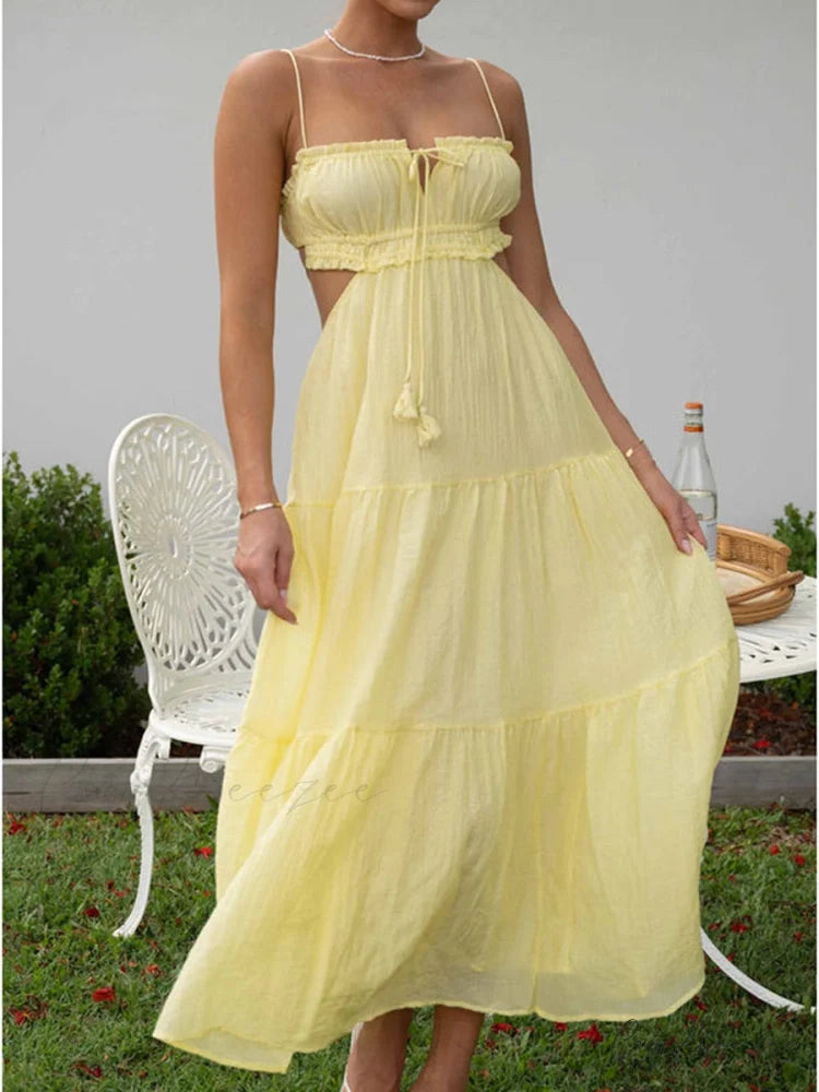 Ruched Tie-Up Stylish Strappy Maxi Dress Yellow / S