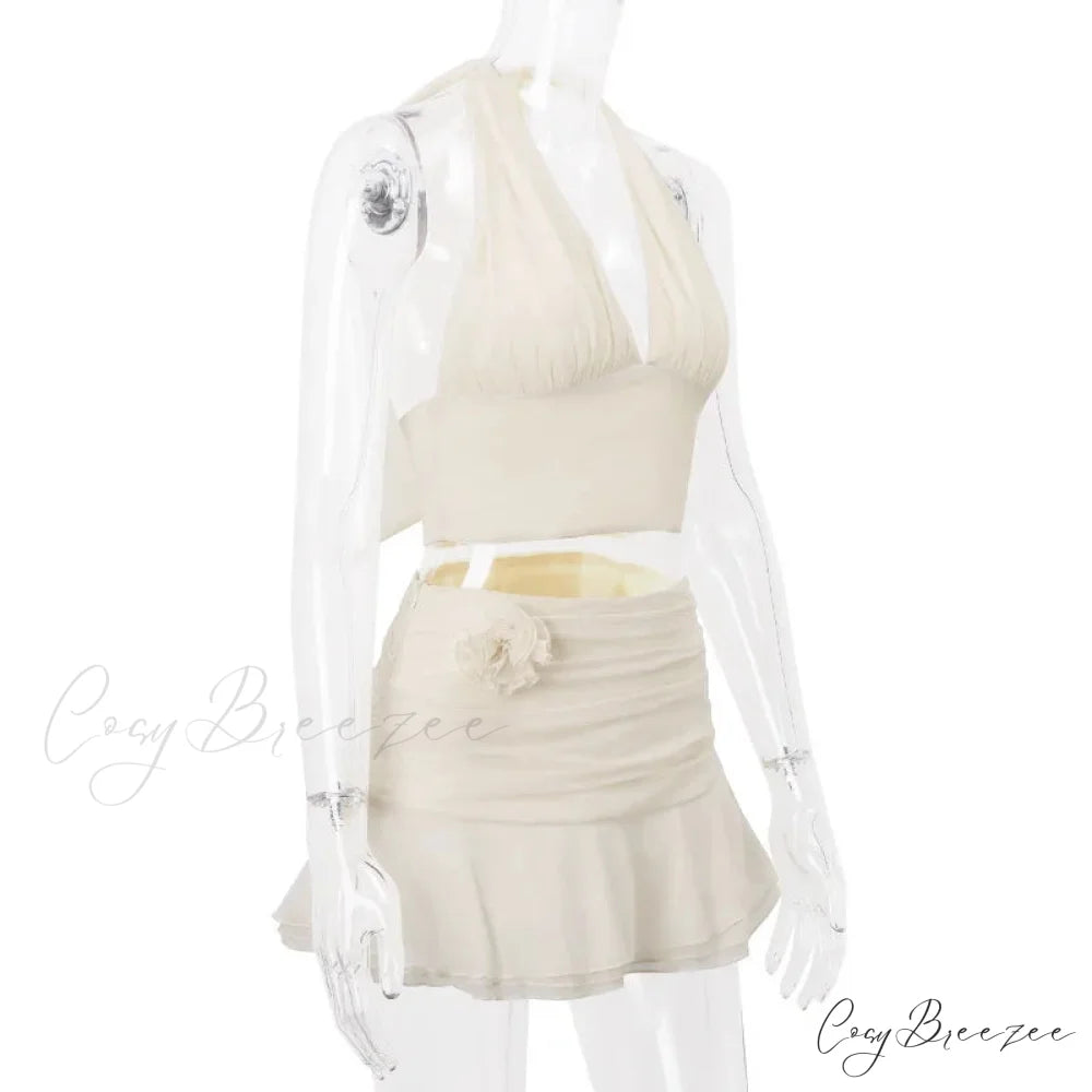 Ruched V-neck Bralette And Graceful Frill Mini Skirt Set