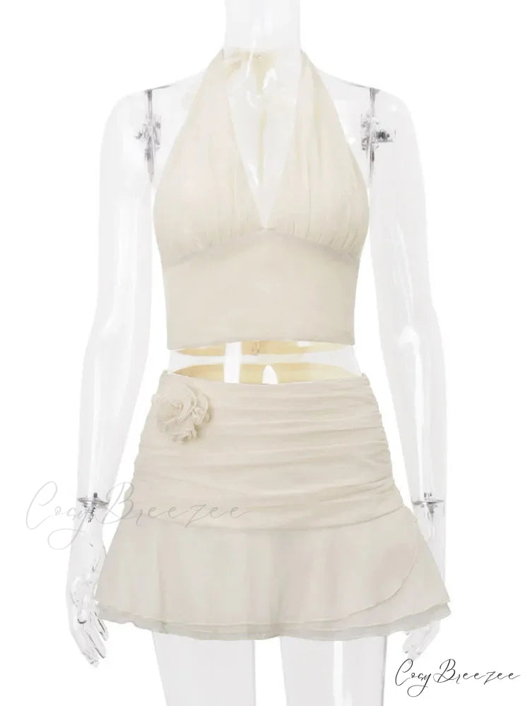 Ruched V-neck Bralette And Graceful Frill Mini Skirt Set