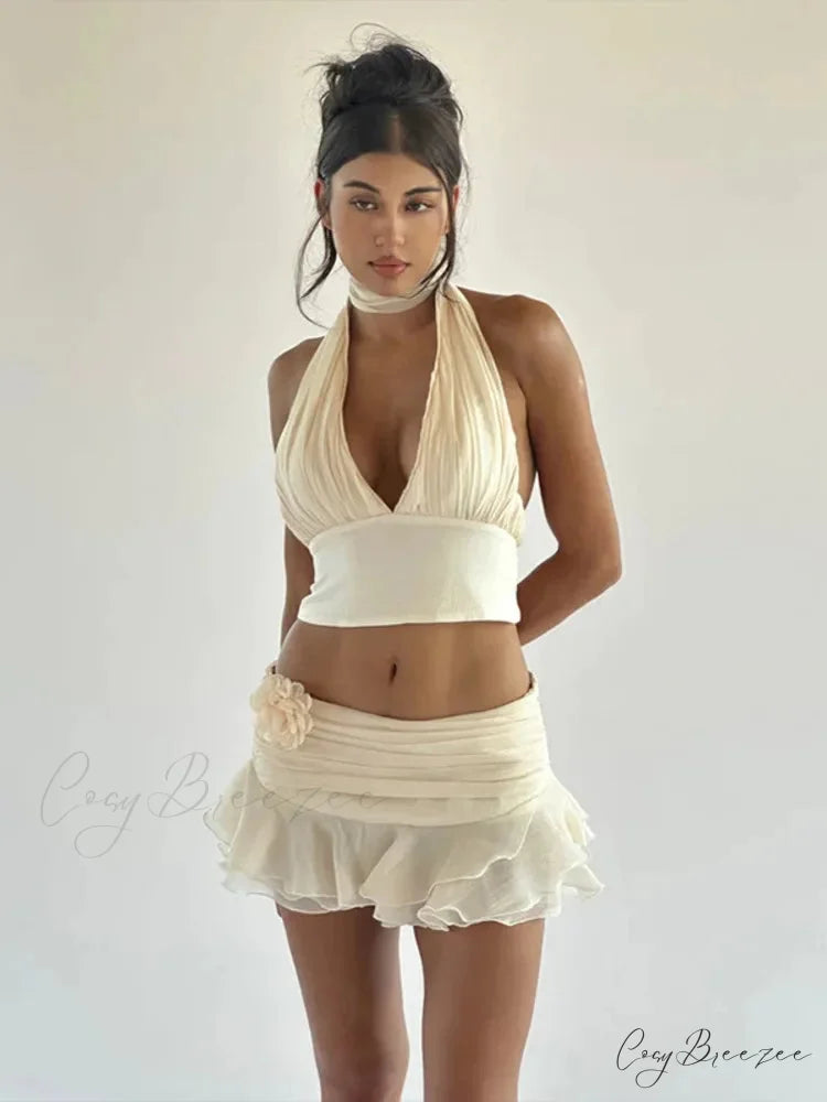Ruched V-neck Bralette And Graceful Frill Mini Skirt Set