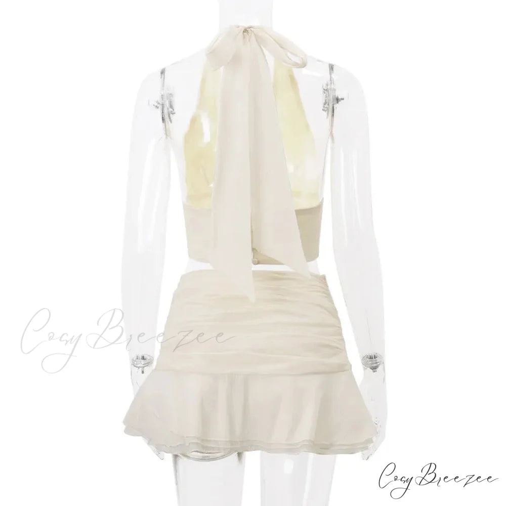 Ruched V-neck Bralette And Graceful Frill Mini Skirt Set