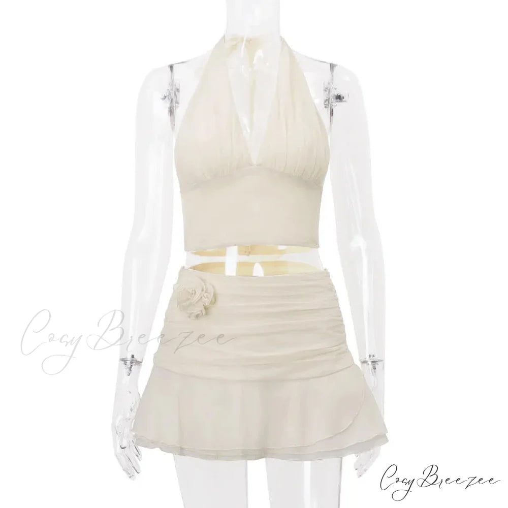 Ruched V-neck Bralette And Graceful Frill Mini Skirt Set Skirt and Tops / L