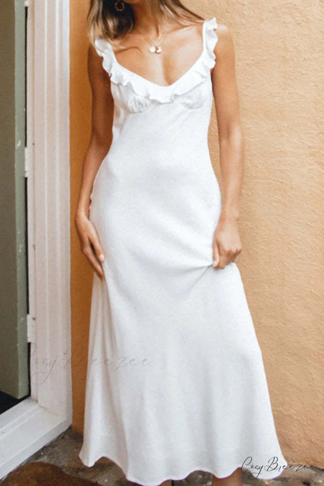 Ruffle Cami Dress with Low Cut White / L