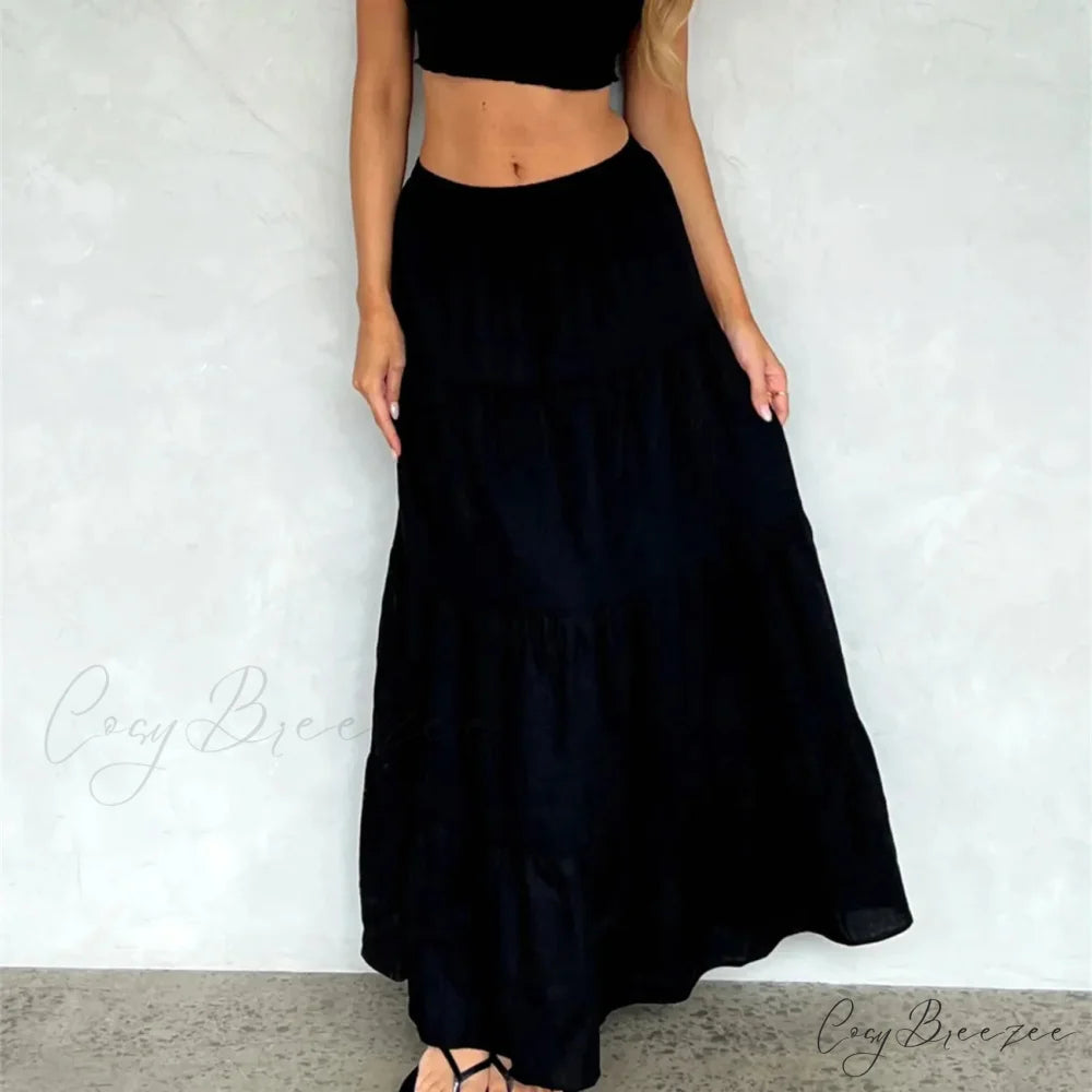 Ruffle Elastic High Waist Maxi Tiered Prairie Skirt Black / S