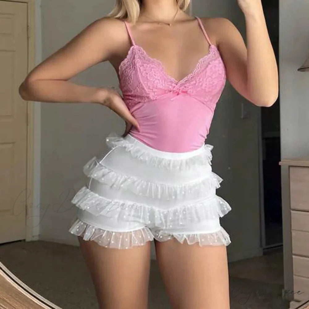 Ruffle Frilly Lace High-Waist Shorts White / S short-250223