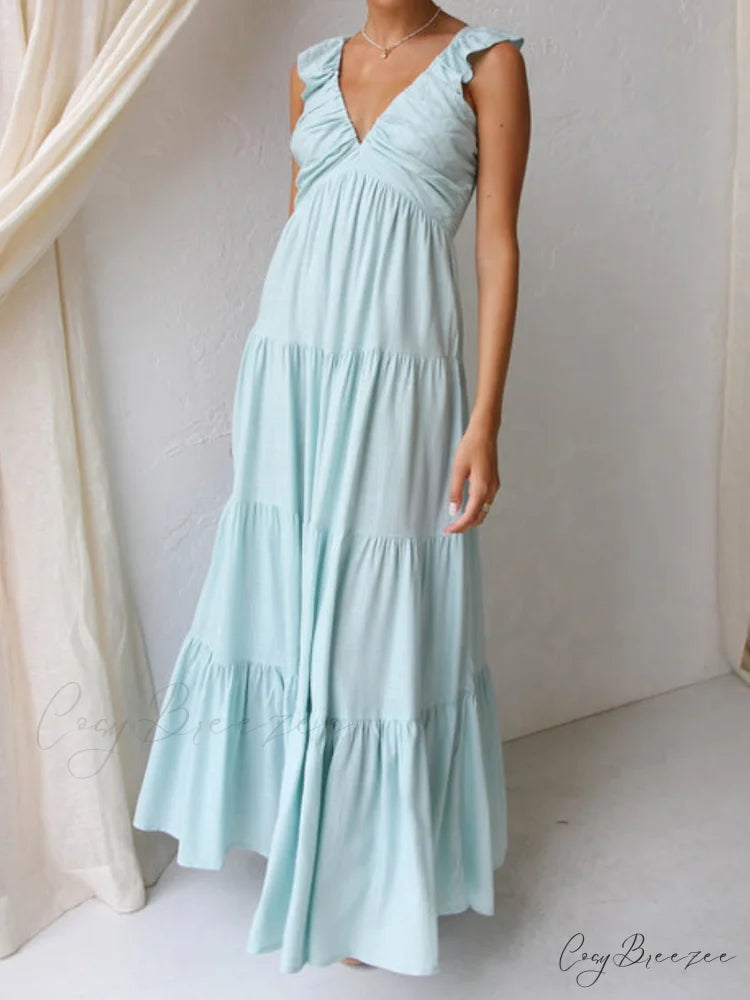 Ruffled Flying Sleeves Smocked Graceful Back Tiered Vacation Maxi Dress