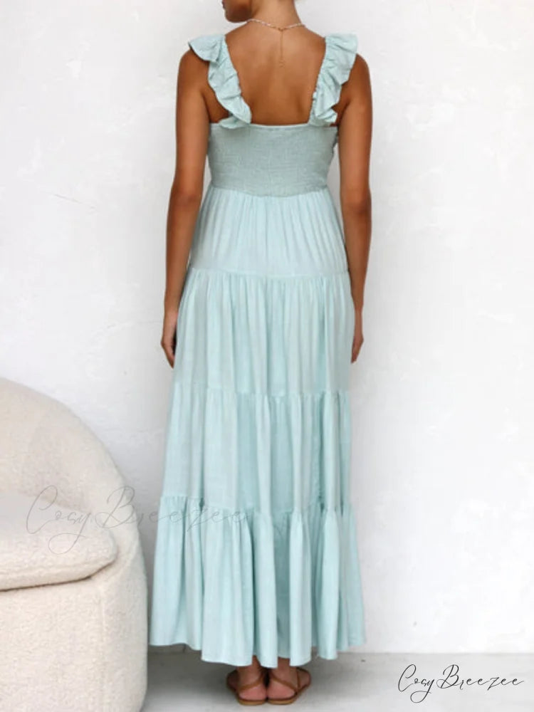 Ruffled Flying Sleeves Smocked Graceful Back Tiered Vacation Maxi Dress
