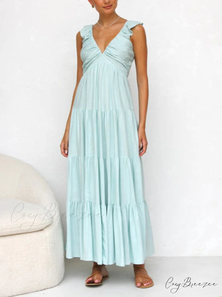 Ruffled Flying Sleeves Smocked Graceful Back Tiered Vacation Maxi Dress
