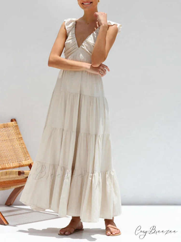 Ruffled Flying Sleeves Smocked Graceful Back Tiered Vacation Maxi Dress