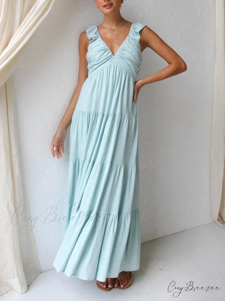 Ruffled Flying Sleeves Smocked Graceful Back Tiered Vacation Maxi Dress Sky Blue / S
