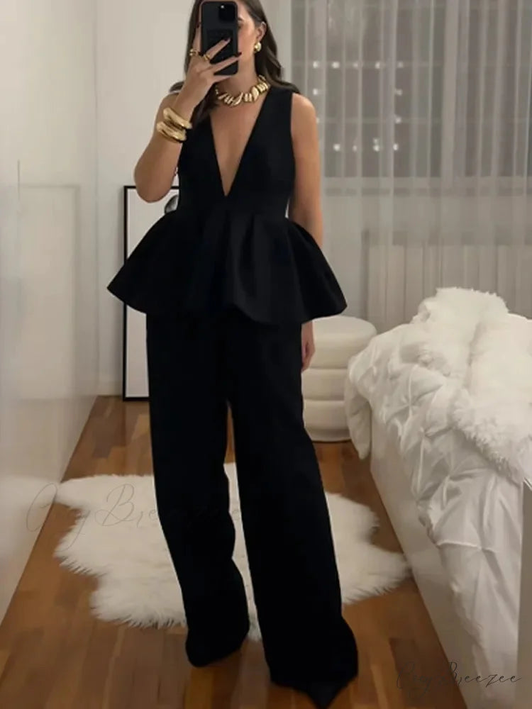 Ruffled Hem Deep V-neck Harem Office Set black tank top / S officetwopieceset-250223