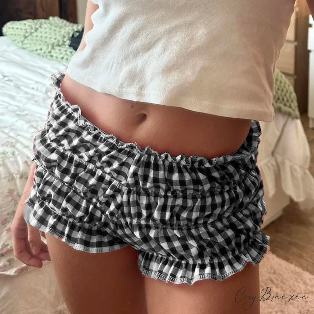 Ruffled Plaid Elastic Waist Shorts black / S short-250223