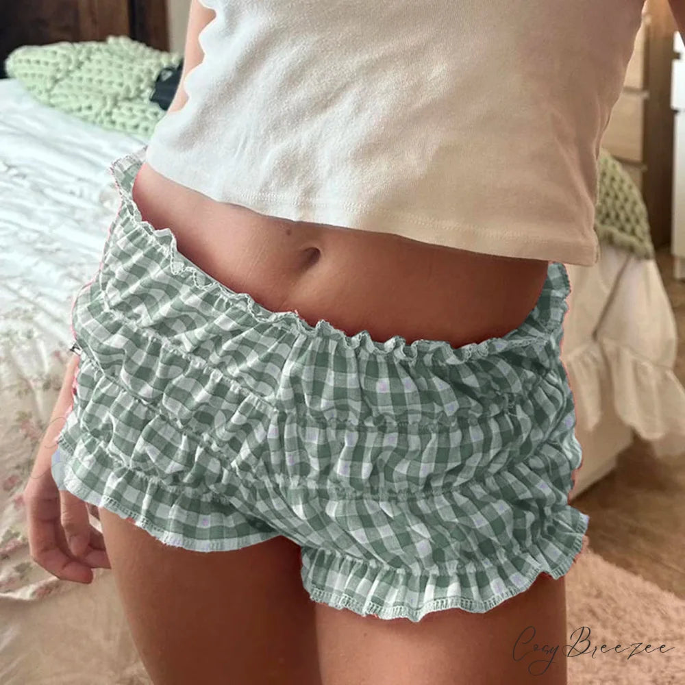 Ruffled Plaid Elastic Waist Shorts green / S short-250223