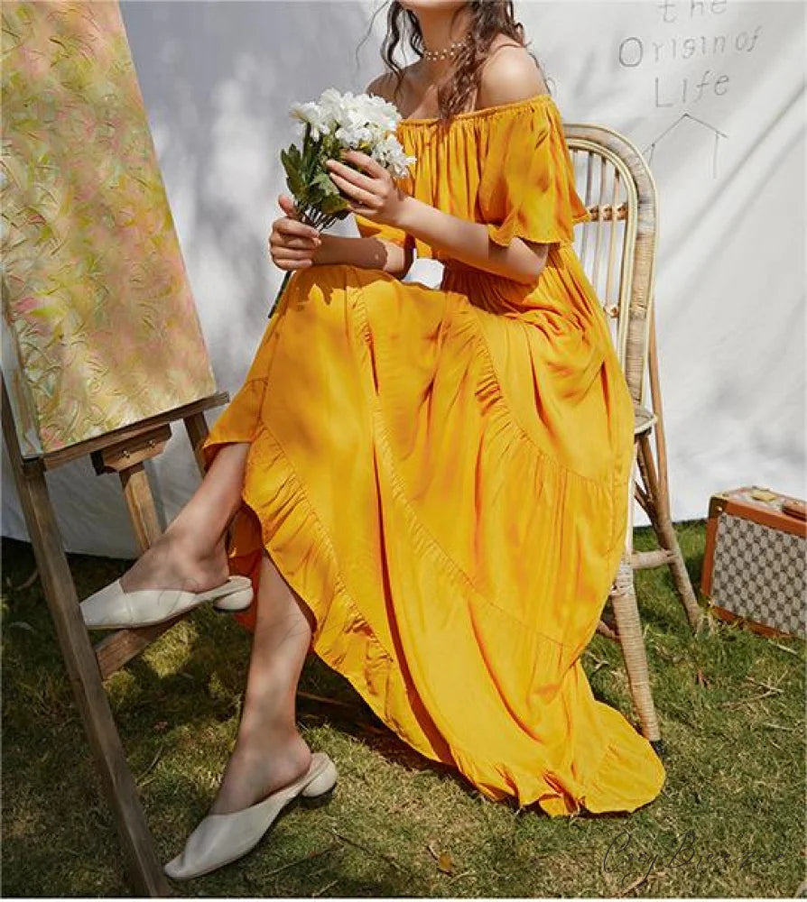 Ruffled Romance Off Charming The Shoulder Maxi Dress Yellow / S