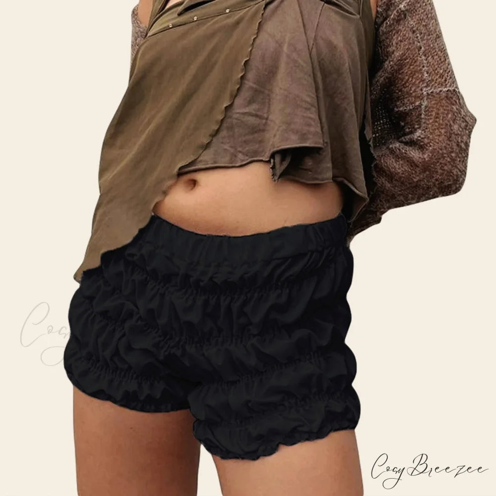 Ruffled Ruched Solid Bloomer Shorts Black / S short-250223