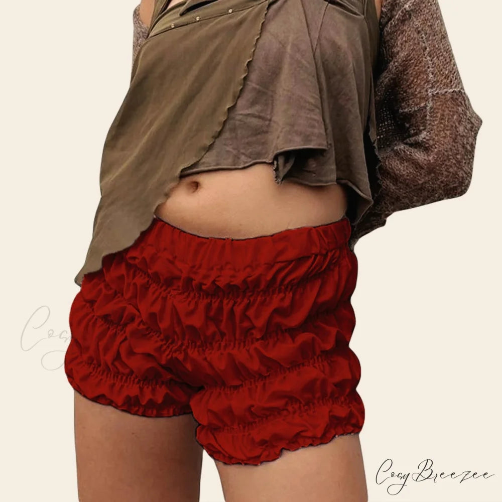 Ruffled Ruched Solid Bloomer Shorts Red / S short-250223