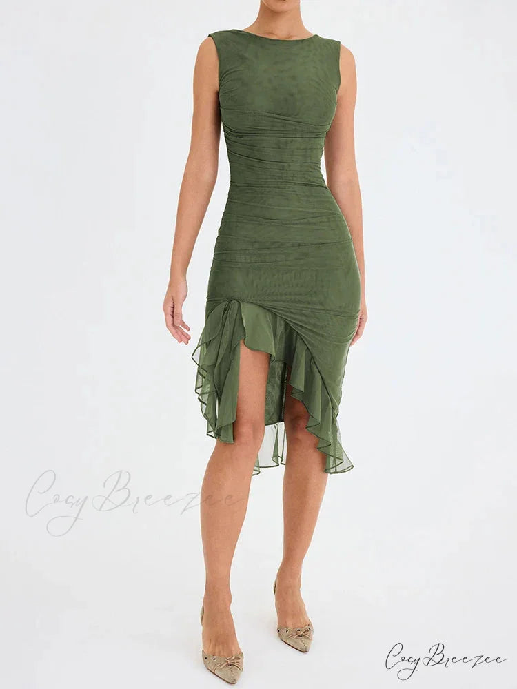 Ruffled Ruched Summer-ready Backless Sleeveless Irregular Sensual Midi Dress