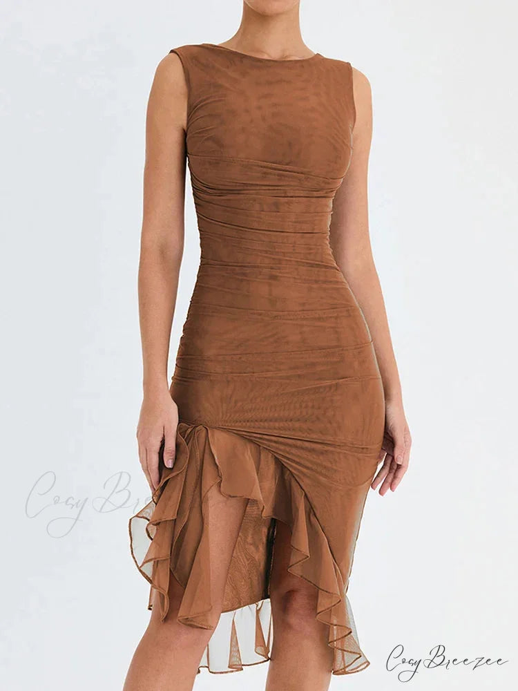Ruffled Ruched Summer-ready Backless Sleeveless Irregular Sensual Midi Dress Brown / S