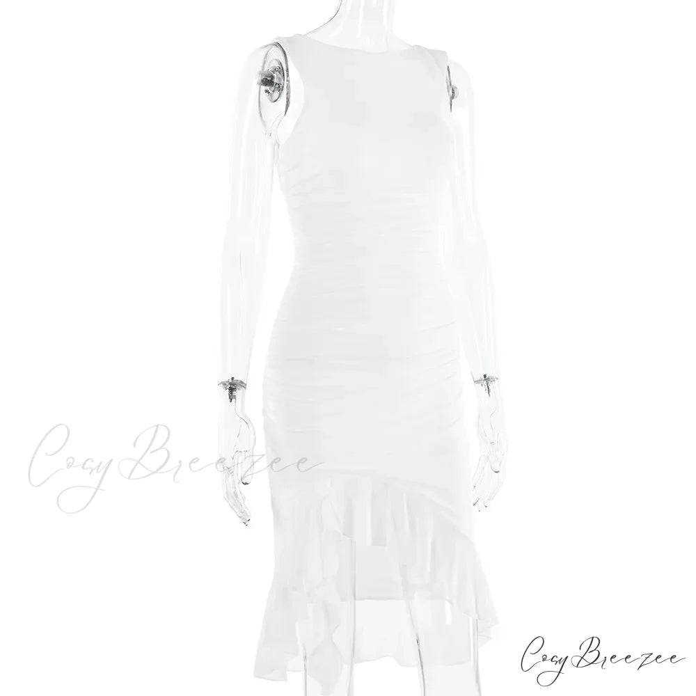 Ruffled Ruched Summer-ready Backless Sleeveless Irregular Sensual Midi Dress WHITE / S