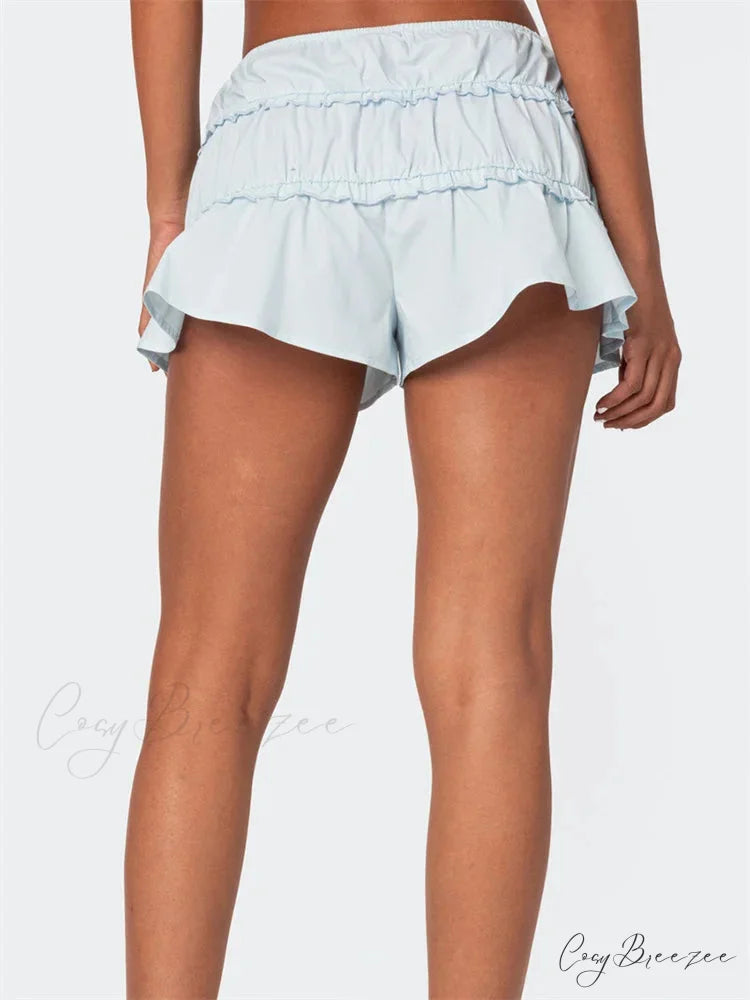 Ruffled Solid Elastic Waist Shorts short-250223