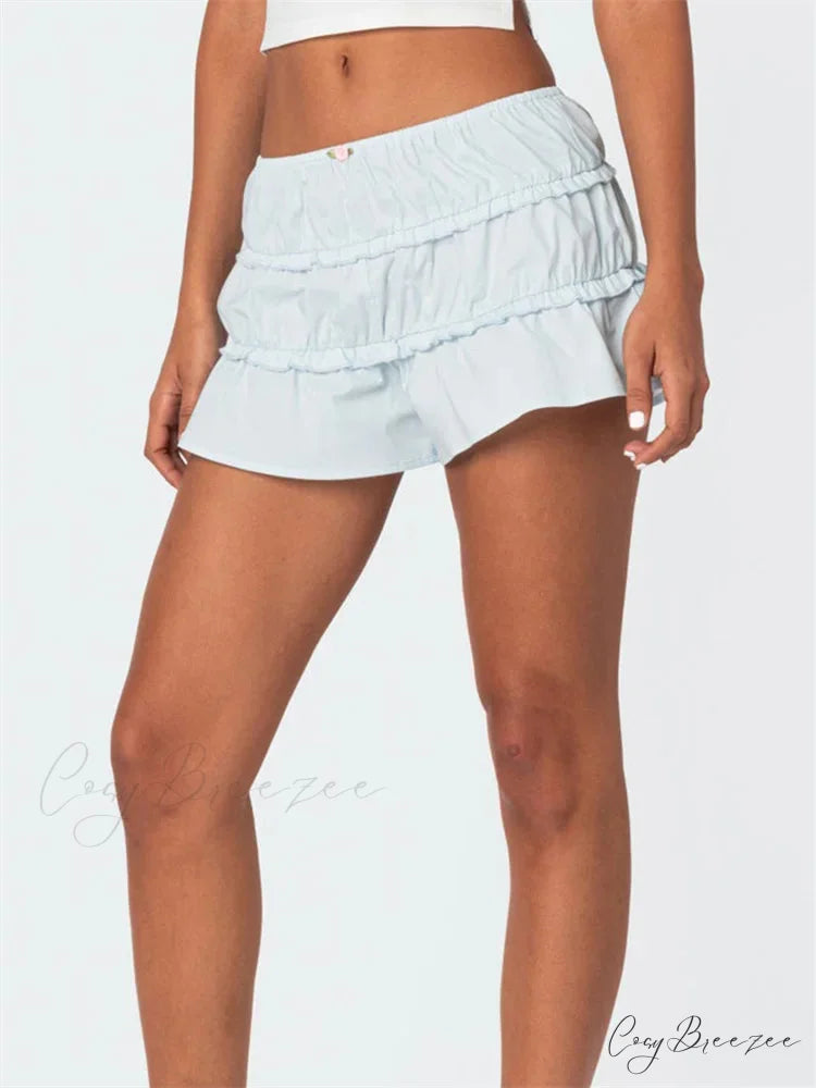 Ruffled Solid Elastic Waist Shorts short-250223