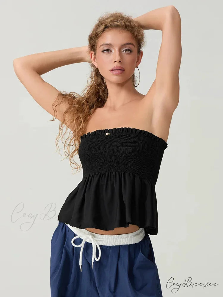Ruffled Strapless Smocked Flowing Hem Bodydoll Tube Top Black / S croptop-250126