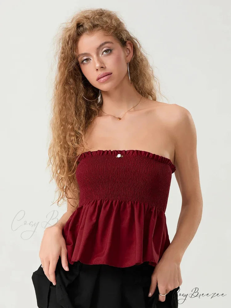 Ruffled Strapless Smocked Flowing Hem Bodydoll Tube Top croptop-250126
