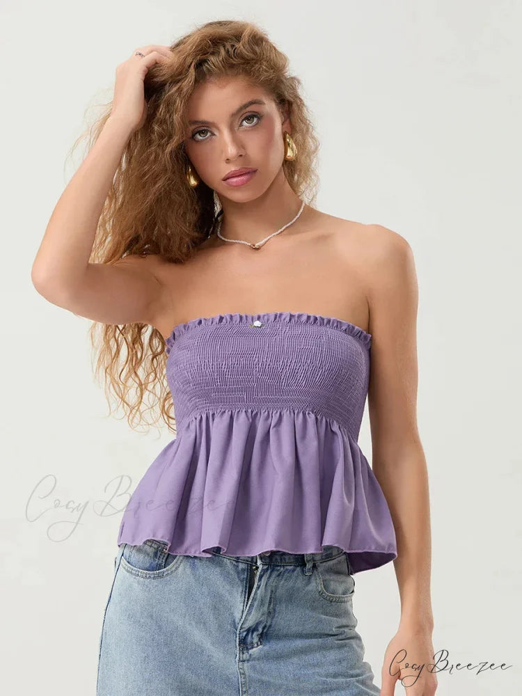 Ruffled Strapless Smocked Flowing Hem Bodydoll Tube Top PURPLE / S croptop-250126