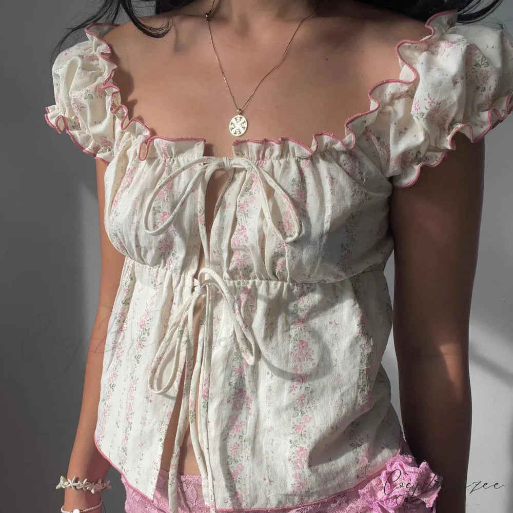 Ruffled Tie-Up Cap Crop Top croptop-250223