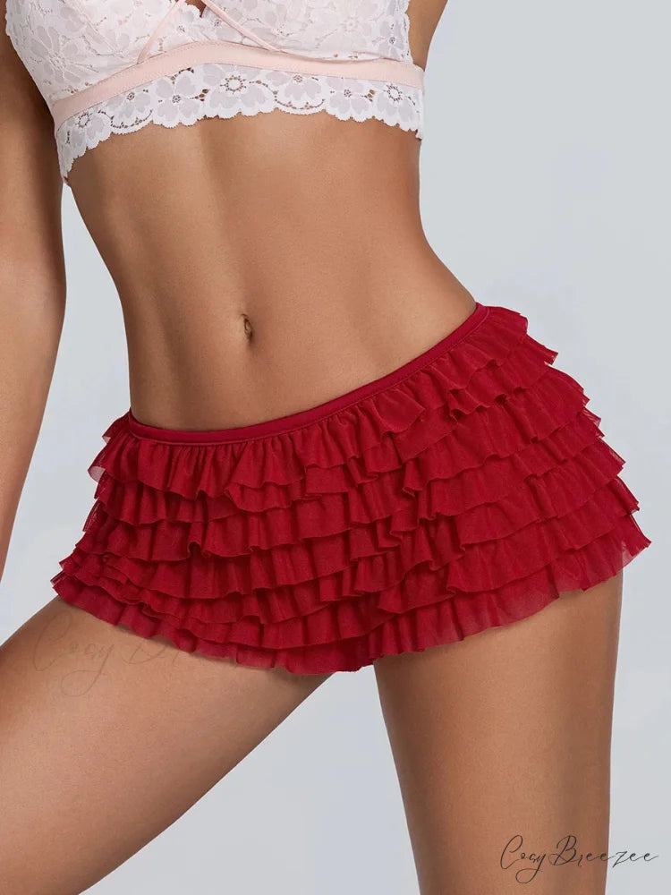 Ruffled Tiered Back Bow Shorts red / S short-250223