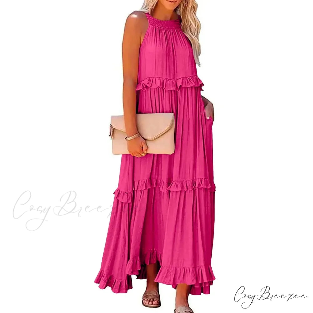 Ruffles Alluring Split Halter Sleeveless Big Hem Maxi Boho Dress Red lining / S bohodress-250126