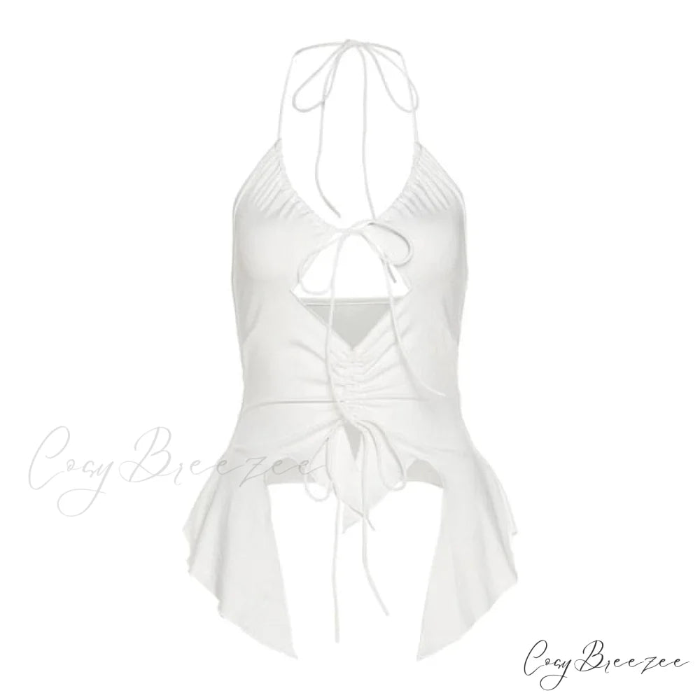 Ruffles Cut Stylish Out Drawstring Top white / S