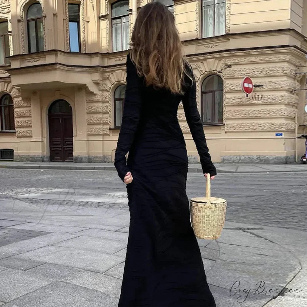 Ruffles Frill Round Neck Long Sleeve Maxi Dress