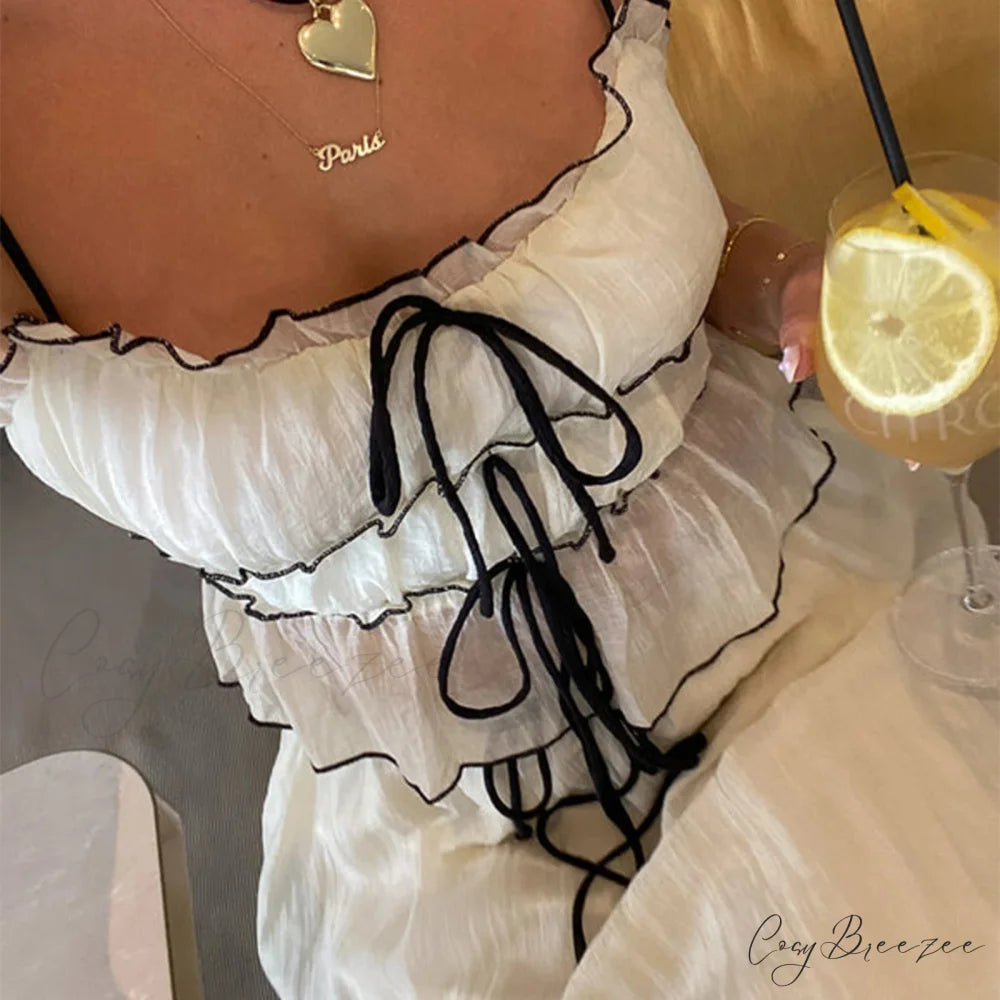 Ruffles Tie-Up Crop Top A-line Maxi Skirt Two Pieces Set twopiecesset-250126